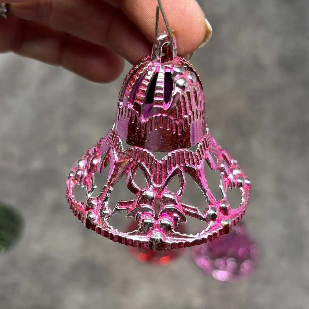 Vintage MCM Plastic Filigree Bell Christmas Ornaments Red Green Pink Lot of 4